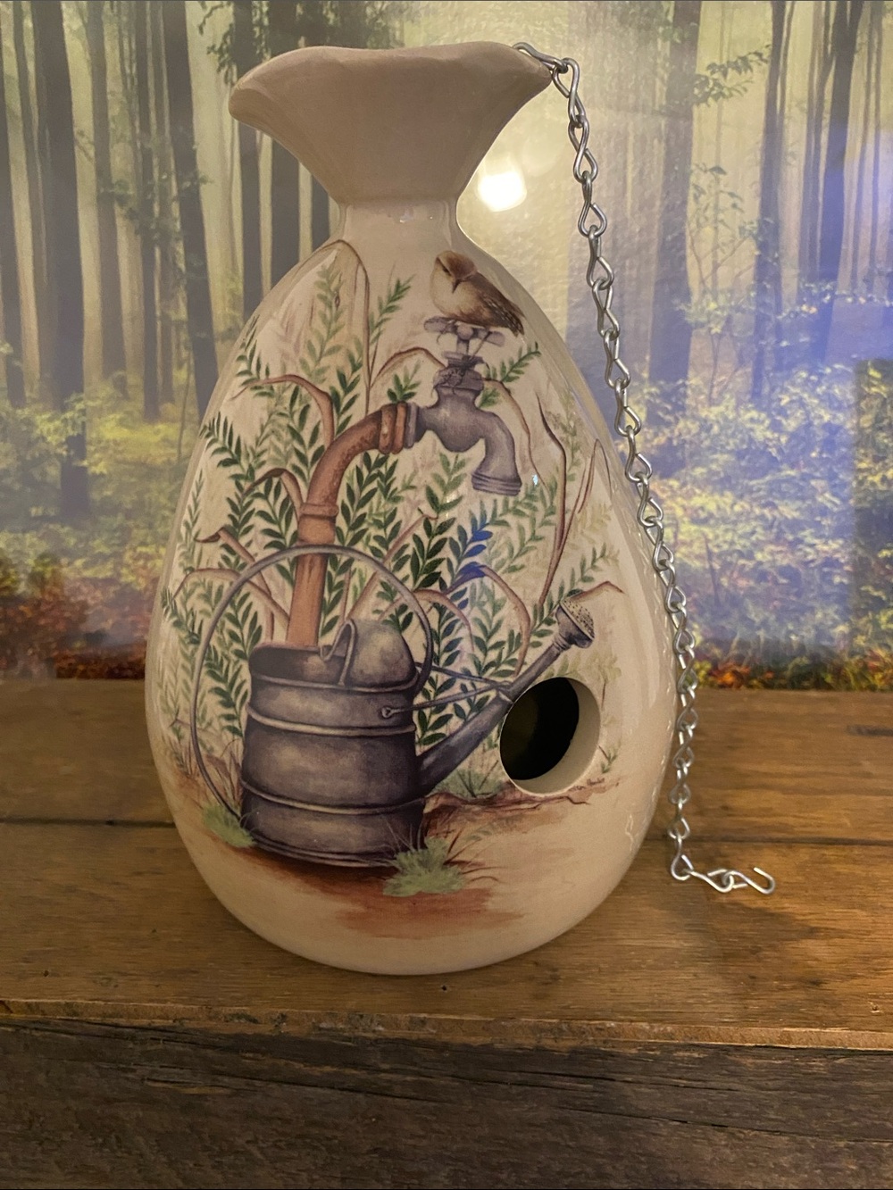 Hand-Painted Ceramic Birdhouse with Watering Can Garden Motif - Cream